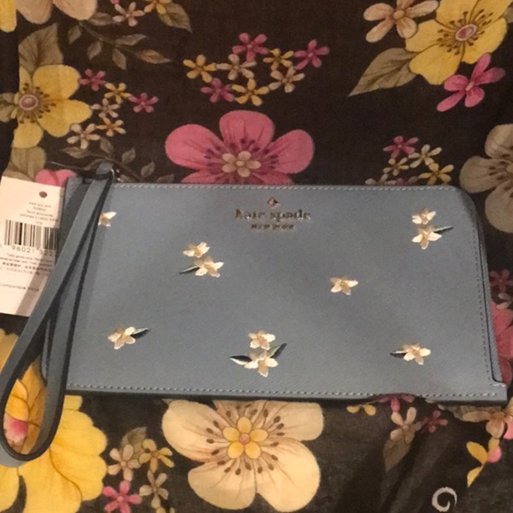 NWT Kate Spade Embroidered Floral Medium Wristlet NWT - Leather Slate Blue - Picture 2 of 13